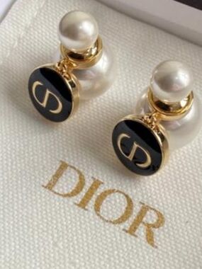Dior Gold-Tone Double-Sided Pearl Earrings with Black Enamel CD Discs